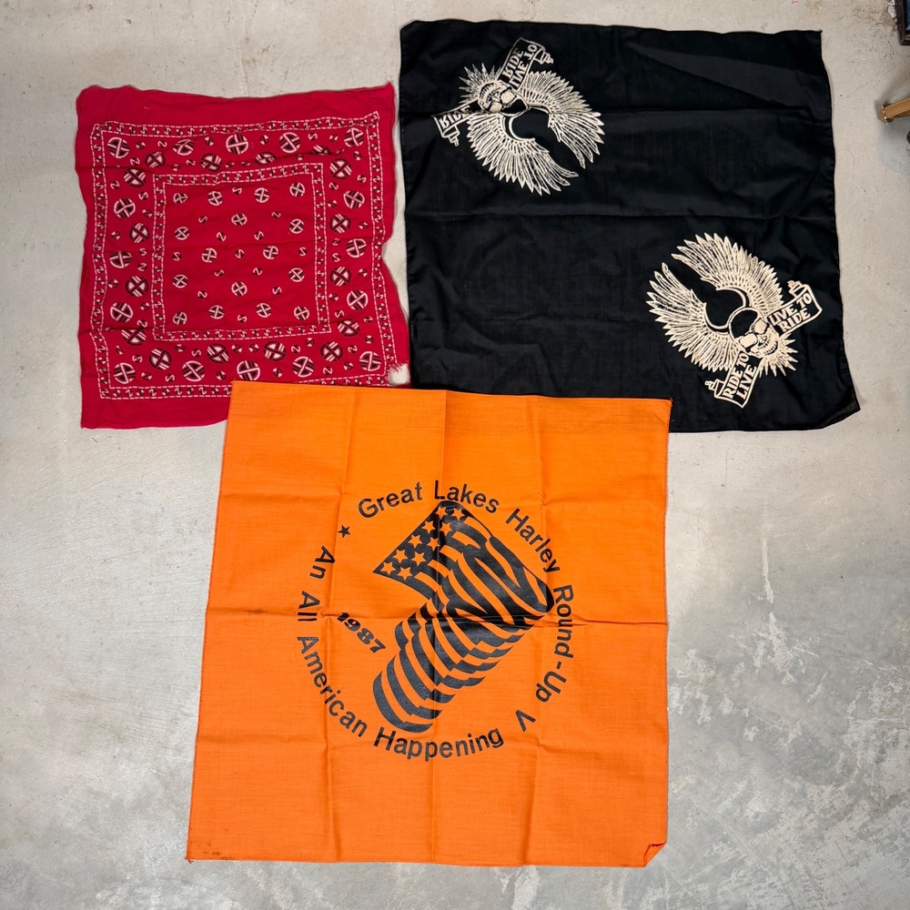 Vintage Harley 1987 Biker Bandana Lot 3pc Live To Ride Skull Red Black Orange